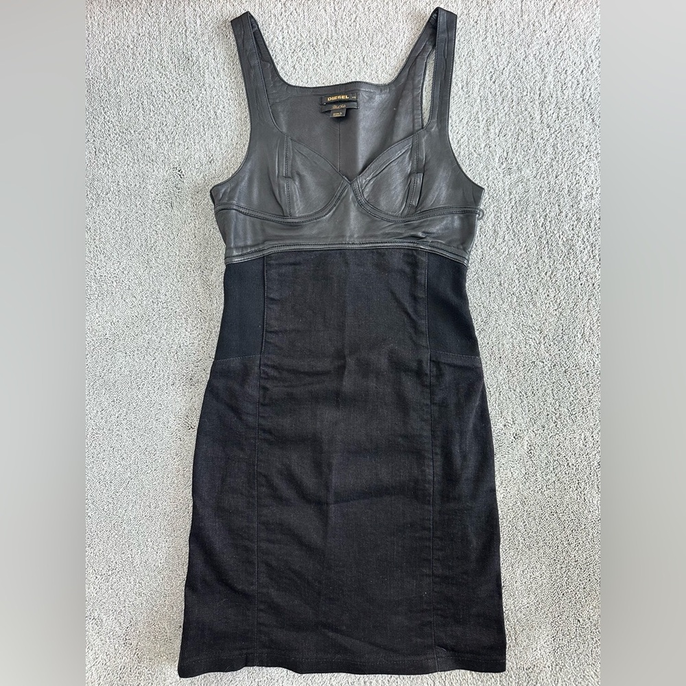 Diesel Black Gold Leather and Black Denim Mini Dress